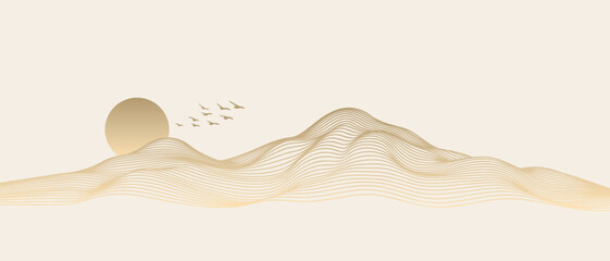 Vector abstract art landscape mountain with birds and sunrise sunset by golden line art texture isolated on white beige background. Minimal luxury style for wallpaper, wall art decoration.