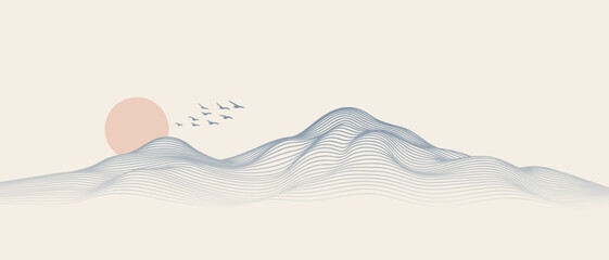 Vector abstract art landscape mountain with birds and sunrise sunset by blue line art texture isolated on white beige earth tone background. Minimal luxury style for wallpaper, wall art decoration. © korkeng