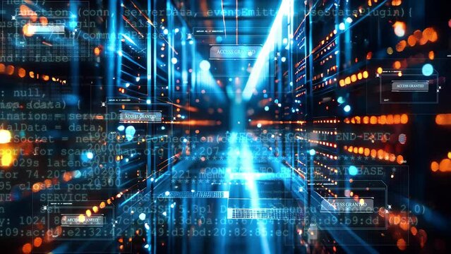 Data center with a row of computer servers. Abstract generic concept of cyberspace, communication and technology.