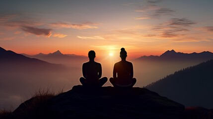 silhouette of yoga pose doing Zen meditation on a high mountain peak at sunset. The couple is holding hands and their faces are serene.