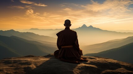 silhouette of a monk in a yoga pose doing Zen meditation on a high mountain peak at sunset. The monk is wearing robes and his head is shaved. 