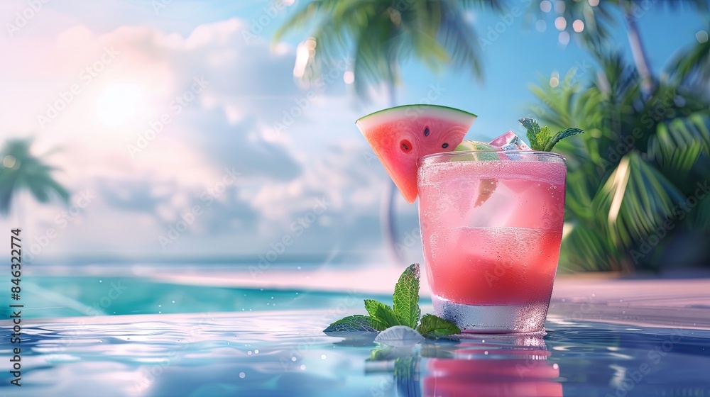 Poster a glass of watermelon cocktail garnished with a slice of watermelon and a sprig of mint sits by the 