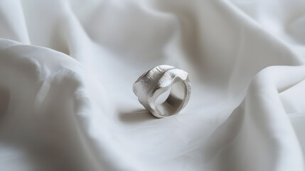 Silver Ring Resting on Soft White Silk