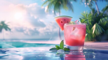 A glass of watermelon cocktail garnished with a slice of watermelon and a sprig of mint sits by the pool on a sunny day. Generative AI