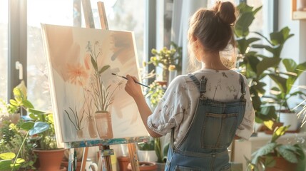 Creative artist woman starts to draw artwork on new white canvas on easel with brush at equipped modern art studio. Interested talented girl painter enjoy creative hobby for soul in painter workshop