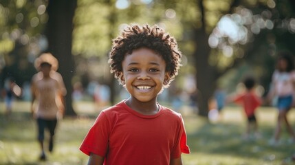 A young boy wearing a red shirt is smiling and standing in a park. There are other children in the background, some of them playing and others watching. Concept of happiness and playfulness