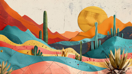 cactus plants and sunset in Mexico desert, art collage style poster, retro, vintage, old fashioned, bright colors