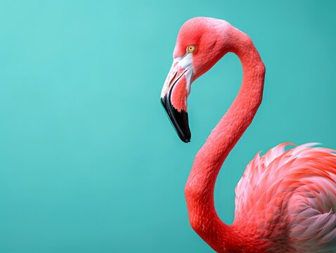 A beautiful pink flamingo with a long curved neck stands in front of a blue background.