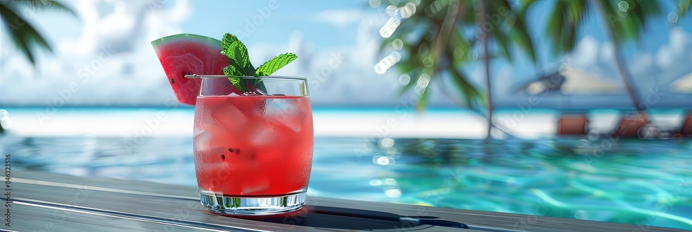 Poster a glass of watermelon cocktail garnished with a wedge of watermelon and mint sits on a poolside tabl
