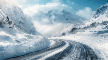 snow-covered mountain road winding through a tranquil winter landscape,