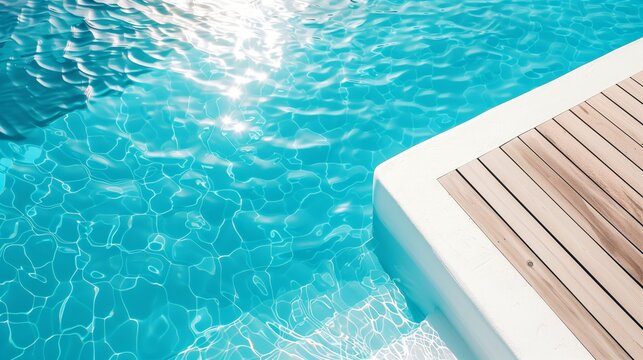 Beautiful view of swimming pool side with clear blue water with sunlight reflections on wave. Summer vacation concept background