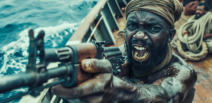 Angry Somali Pirate Hijacking A Ship with Force Using a Gun

