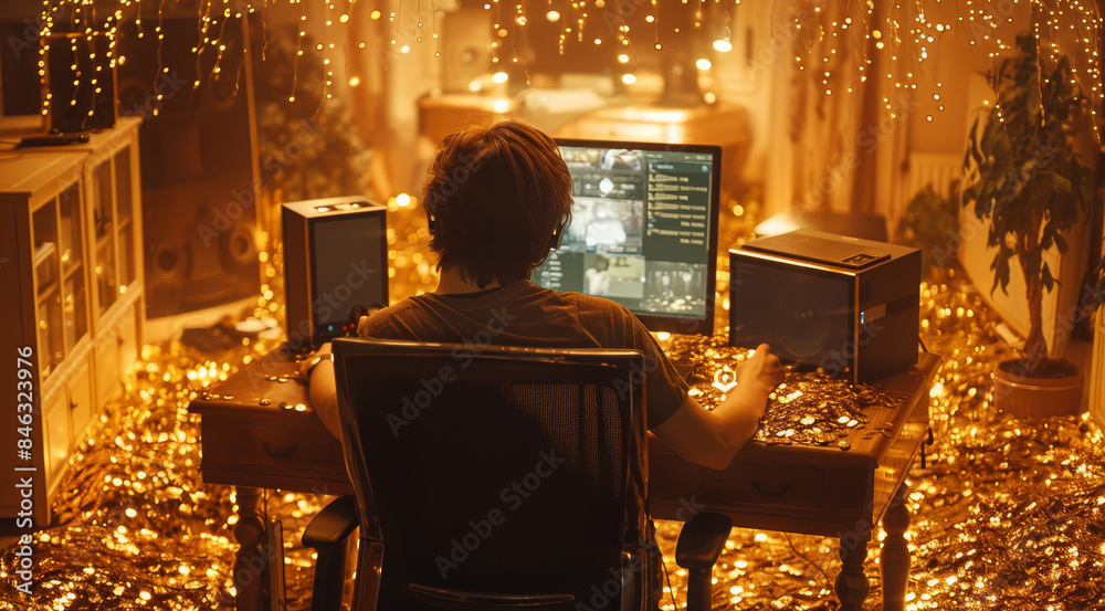 Poster setup gamer in a room full of gold. generative ai.