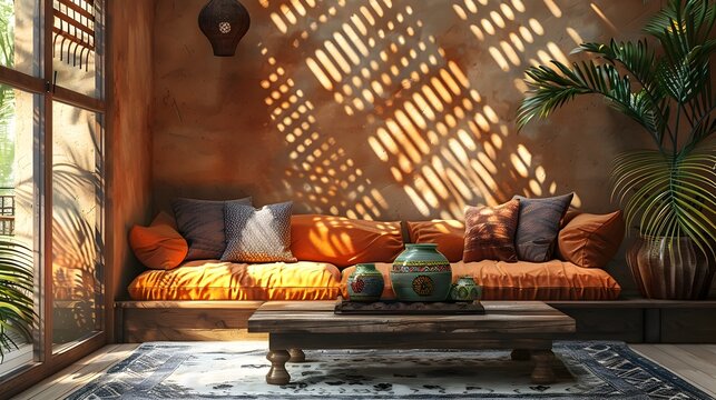 Cozy Mediterranean Inspired Living Room with Plush Furnishings and Latticed Lighting