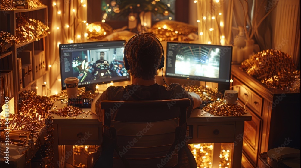 Poster setup gamer in a room full of gold. generative ai.