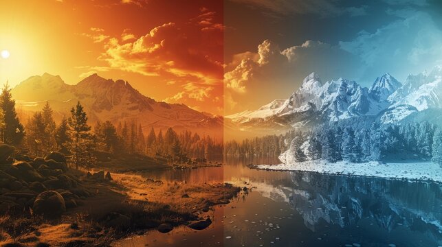 Seasonal timeline of climate change, demonstrating the transition between summer and winter, with visual emphasis on environmental and temperature shifts