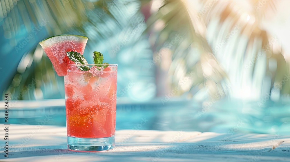Aufkleber a glass of watermelon cocktail with a watermelon wedge and mint garnish sits on a table next to a sp