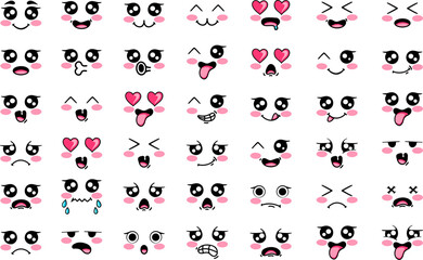 A diverse collection of cute cartoon facial expressions featuring various emotions, with blushing cheeks and expressive eyes.