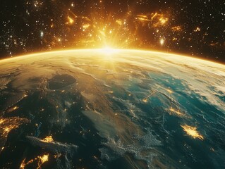 A planet with a bright sun in the sky