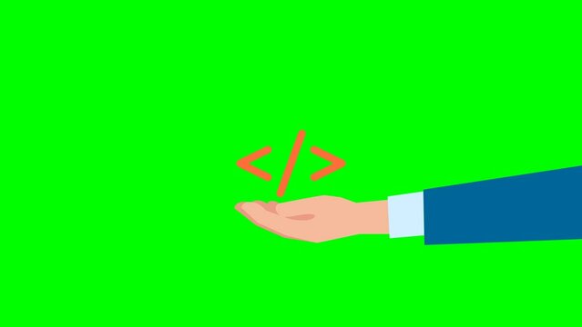 Online programming or coding. Programming code symbol in hand. Hacker background. Code, program, coder concept. Development, software. Businessman. Digital business. 2d flat animation. Alpha channel