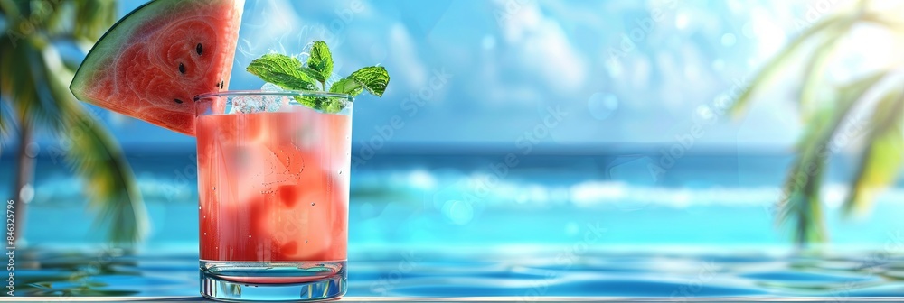 Poster a refreshing watermelon cocktail garnished with a wedge of watermelon and a sprig of mint sits on a 