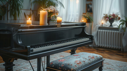 A black piano. On the piano, there is an open sheet music and a lit candle, adding an artistic atmosphere to the entire space. A gray bench with floral patterns. Generative AI.