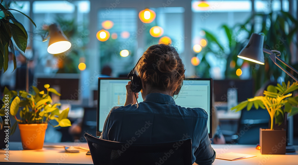 Poster a customer service representative answering a phone call, viewed from the back. the scene features a