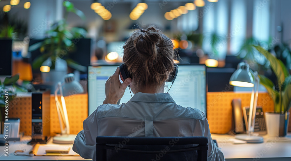 Poster A customer service representative answering a phone call, viewed from the back. The scene features a brightly lit office environment with a desk, computer. Generative AI.