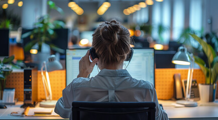A customer service representative answering a phone call, viewed from the back. The scene features a brightly lit office environment with a desk, computer. Generative AI.