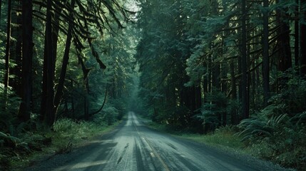 Obraz premium In the midst of a dense forest a solitary road emerges surrounded by towering trees promising an escape from modern life and a return . AI generation.