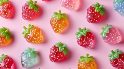Top view of colorful strawberry-shaped jelly fruit snacks, assorted flavors on an isolated background, perfect studio lighting for eye-catching advertising