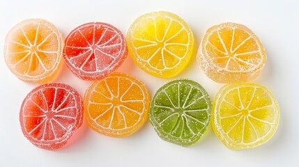 Obraz premium Top view of lemon-shaped jelly fruit snacks in assorted flavors, vibrant colors on an isolated white background, studio lighting highlighting details