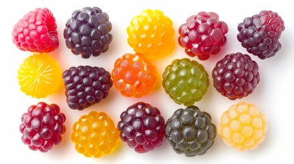 Top-down shot of colorful raspberry-shaped jelly fruit snacks, assorted flavors, isolated white background, studio lighting, ideal for advertising