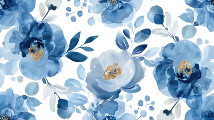 Watercolor peony in a seamless pattern with blue florals