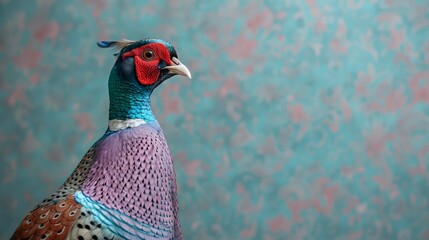  A detailed shot of a vibrant bird against a blue backdrop, accompanied by a pink and blue wall