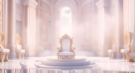 Luxurious empty throne hall decorated with baroque gold. Royal white throne