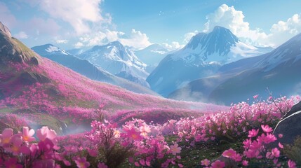 Scenic view of mountains and meadows adorned with pink blooms