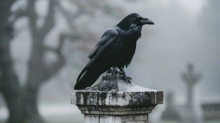  A black bird perches atop a stone pillar, near a tree in a foggy cemetery backdrop