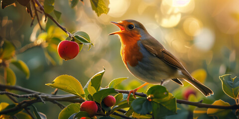 A robin bird in a tree singing song at sunrise