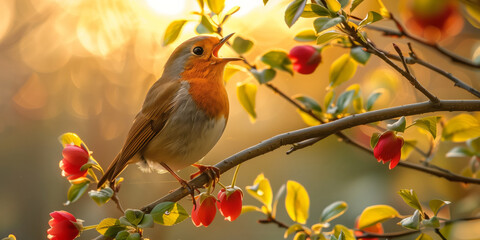 A robin bird in a tree singing song at sunrise