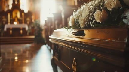 The coffin is decorated with flowers. Funeral. Funeral services. Funeral decoration and organization services. Burial