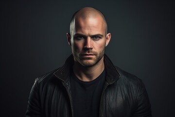 Obraz premium A man with a shaved head and a black leather jacket