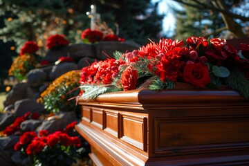 The coffin is decorated with flowers. Funeral. Funeral services. Funeral decoration and organization services. Burial