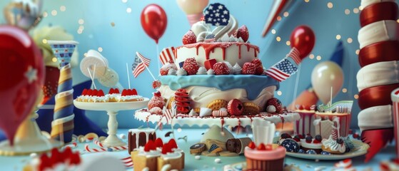 Naklejka premium A detailed scene featuring an Independence Day cake as the focal point, with assorted themed desserts and festive treats artfully arranged to The spirit of celebration