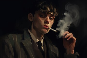Fototapeta premium A man is smoking a cigarette in a dark room