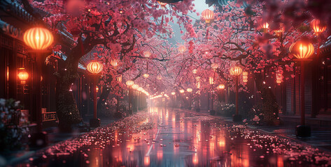 Fototapeta premium A street scene at twilight under the gentle glow of street lamps. The street is lined with flowering plum trees, their branches heavy with clusters of delicate pink blossoms. Generative AI.
