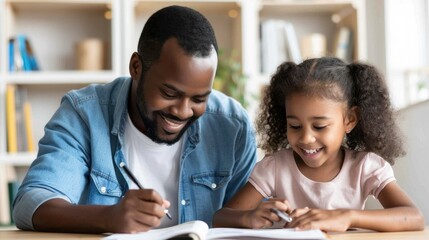 A man and a little girl are sitting at a table, with the man writing in a book. The girl is smiling and seems to be enjoying the activity. Concept of bonding and learning between the two