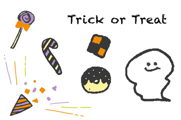 ハロウィンでお菓子をねらうおばけの手描きイラスト