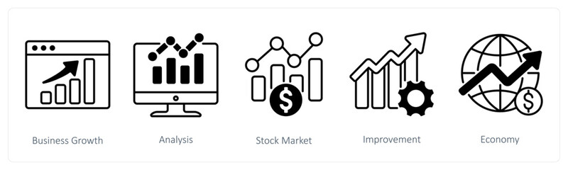 A set of 5 Mix icons as business growth, analysis, stock market