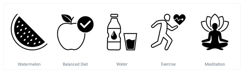 A set of 5 Mix icons as watermelon, balanced diet, water